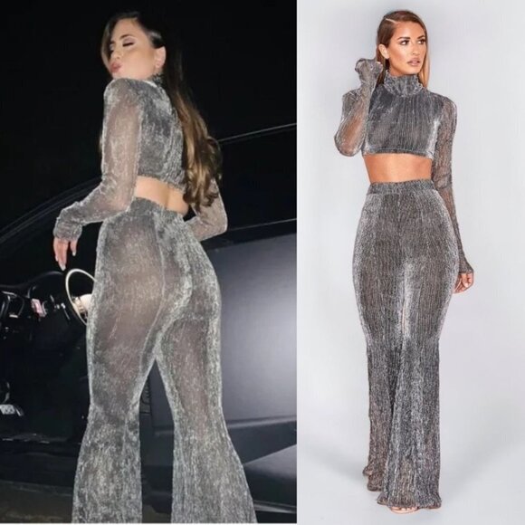 House of CB Pants - House of CB Set Tamara Crop Top Alexandra Flare Pants Silver Lurex Matching Set